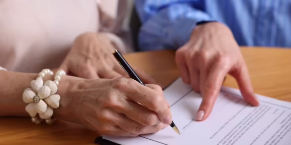 Older adult signing estate planning documents while another person points to the paperwork, illustrating the risk of undue influence.
